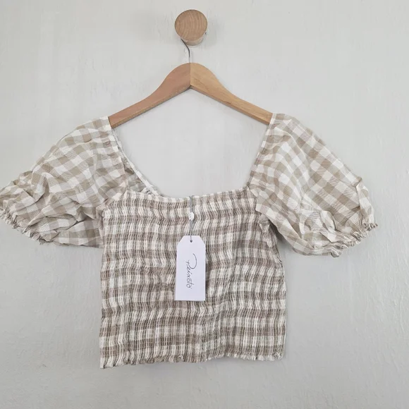 NEW Peixoto Smocked Cream and Tan Gingham Checkered Crop Top Large - Picture 1 of 10